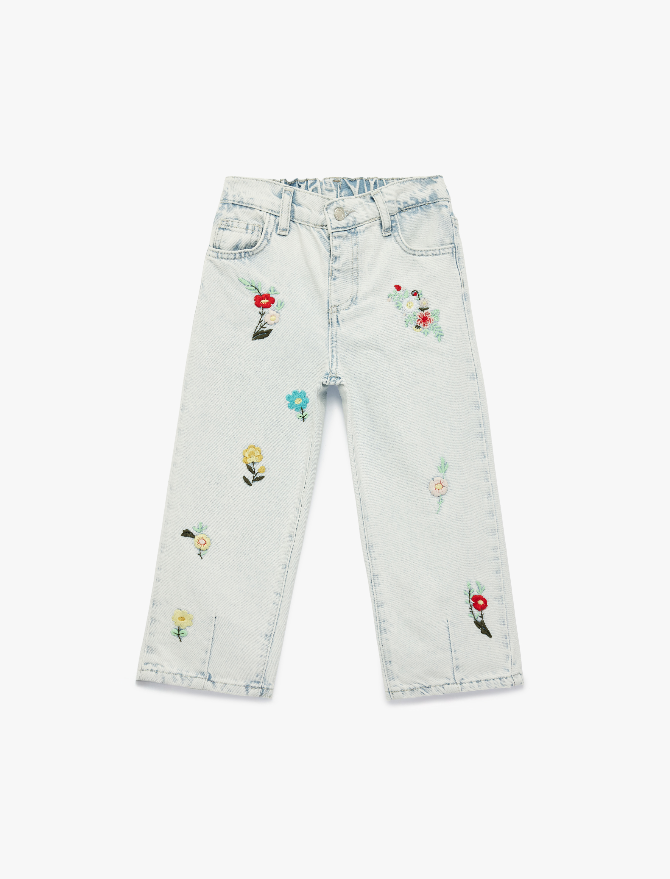  Kız Bebek Çiçek İşlemeli Pamuklu Balon Fit Denim Pantolon