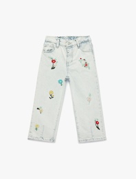 Çiçek İşlemeli Pamuklu Balon Fit Denim Pantolon