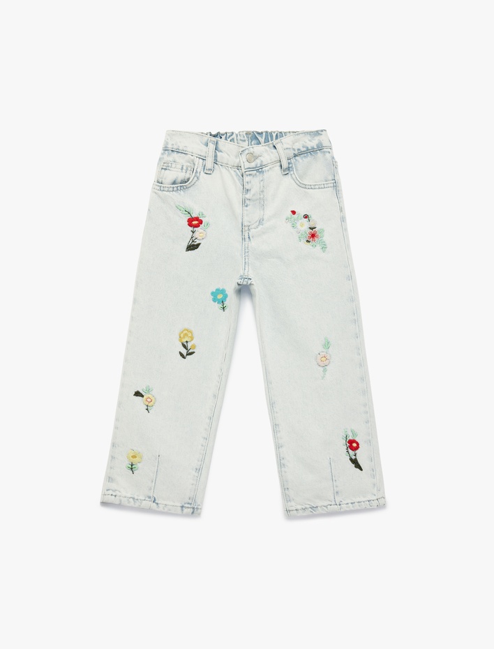 Kız Bebek Çiçek İşlemeli Pamuklu Balon Fit Denim Pantolon