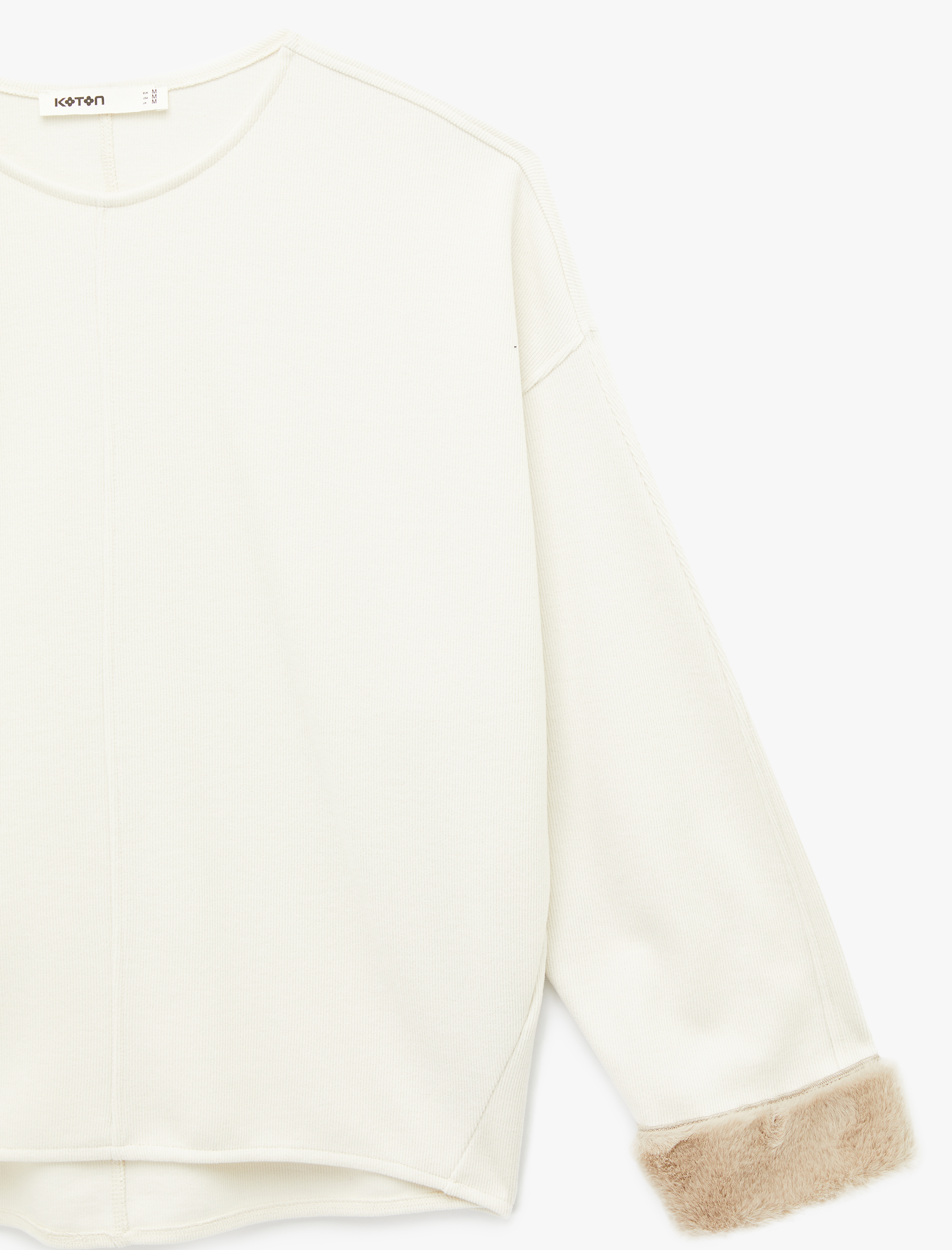   Uzun Kollu Manşetleri Suni Kürk Detaylı Yuvarlak Yaka Sweatshirt