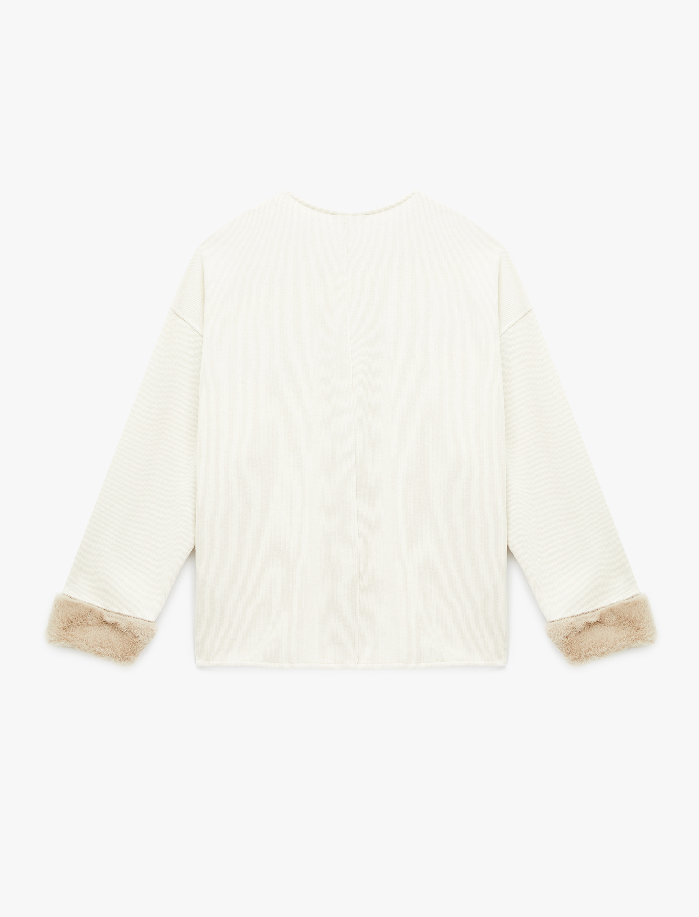   Uzun Kollu Manşetleri Suni Kürk Detaylı Yuvarlak Yaka Sweatshirt