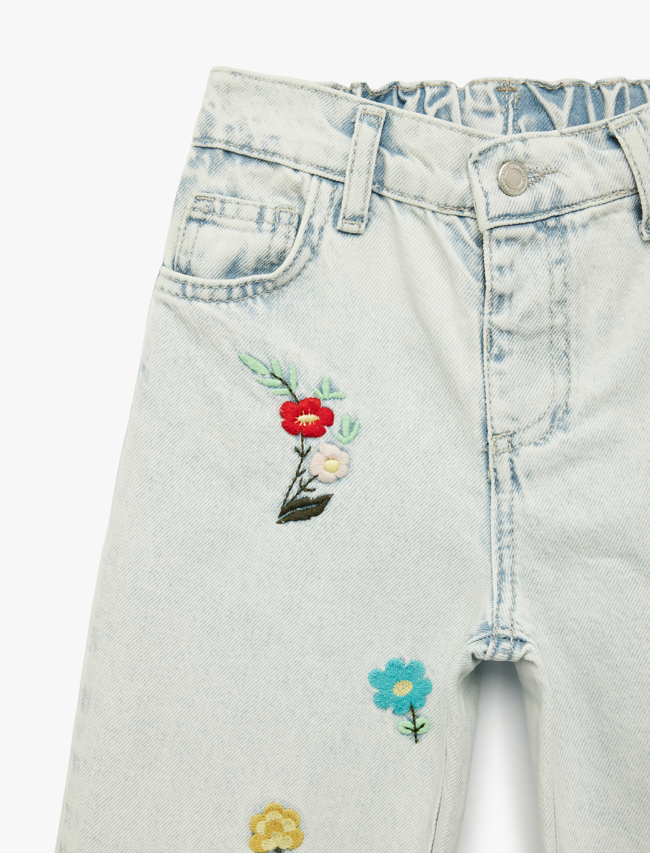  Kız Bebek Çiçek İşlemeli Pamuklu Balon Fit Denim Pantolon