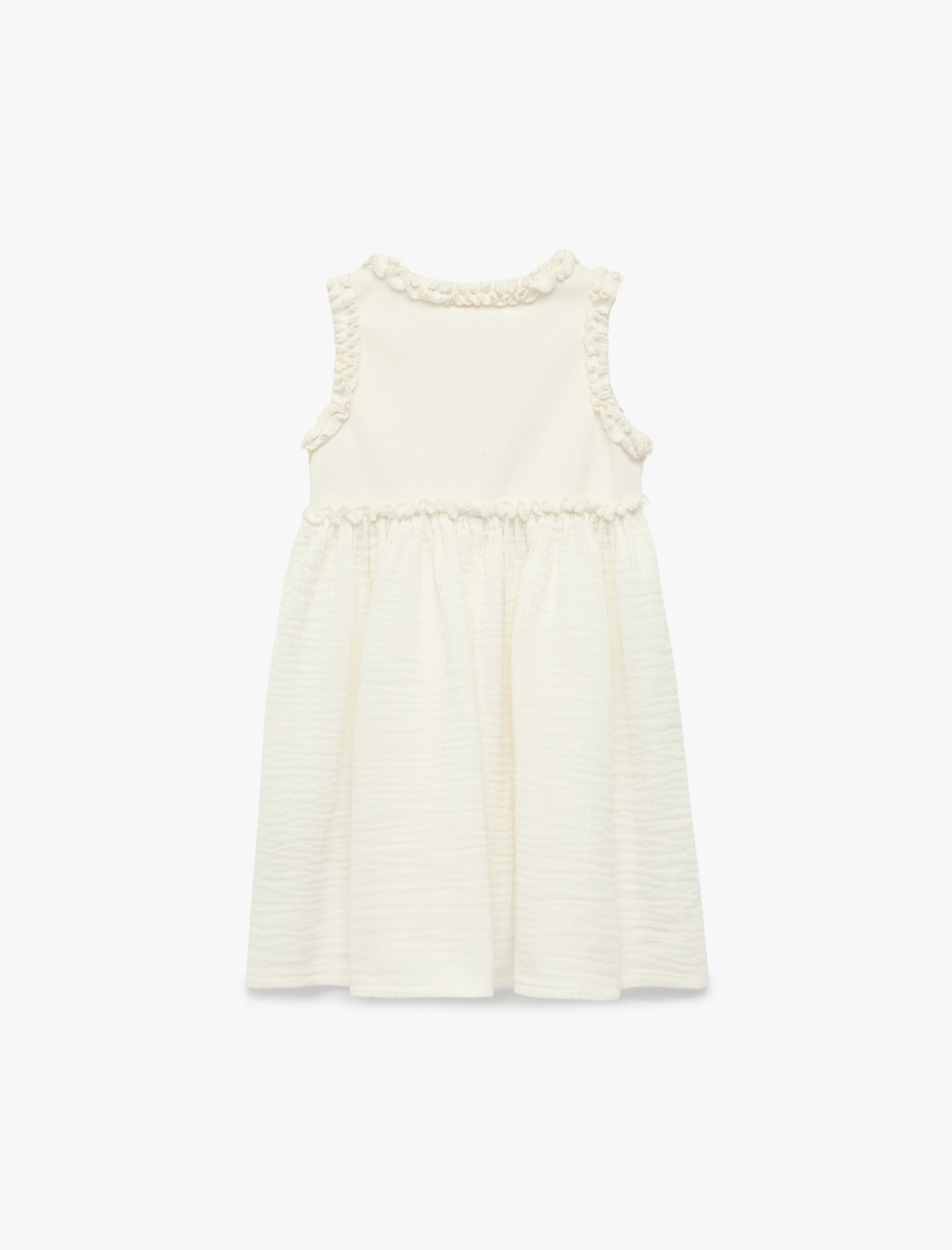  Kız Bebek Pamuklu Kolsuz Fırfır Detaylı Bisiklet Yaka A Kesim Elbise