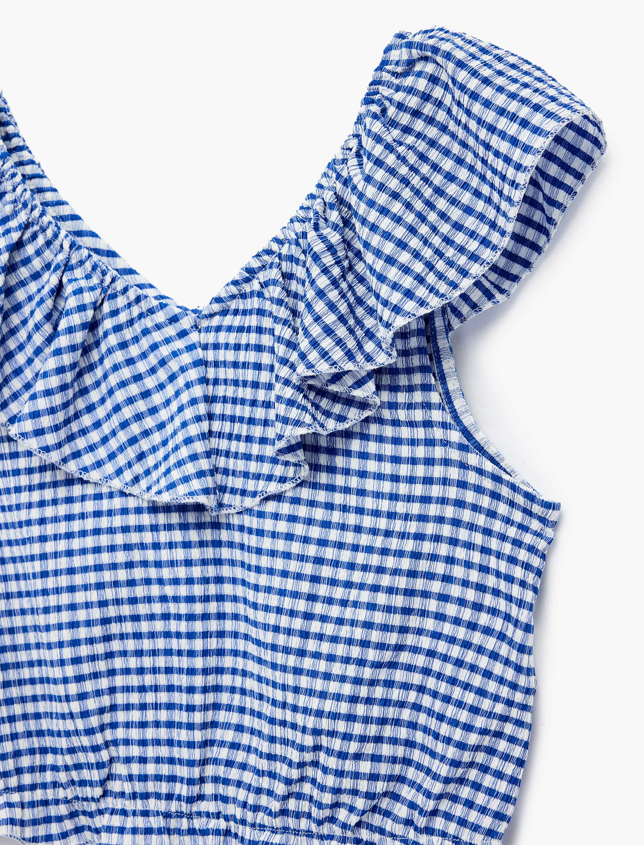  Kız Çocuk Fırfırlı Kolsuz Düşük Omuz Ekoseli Crop Bluz