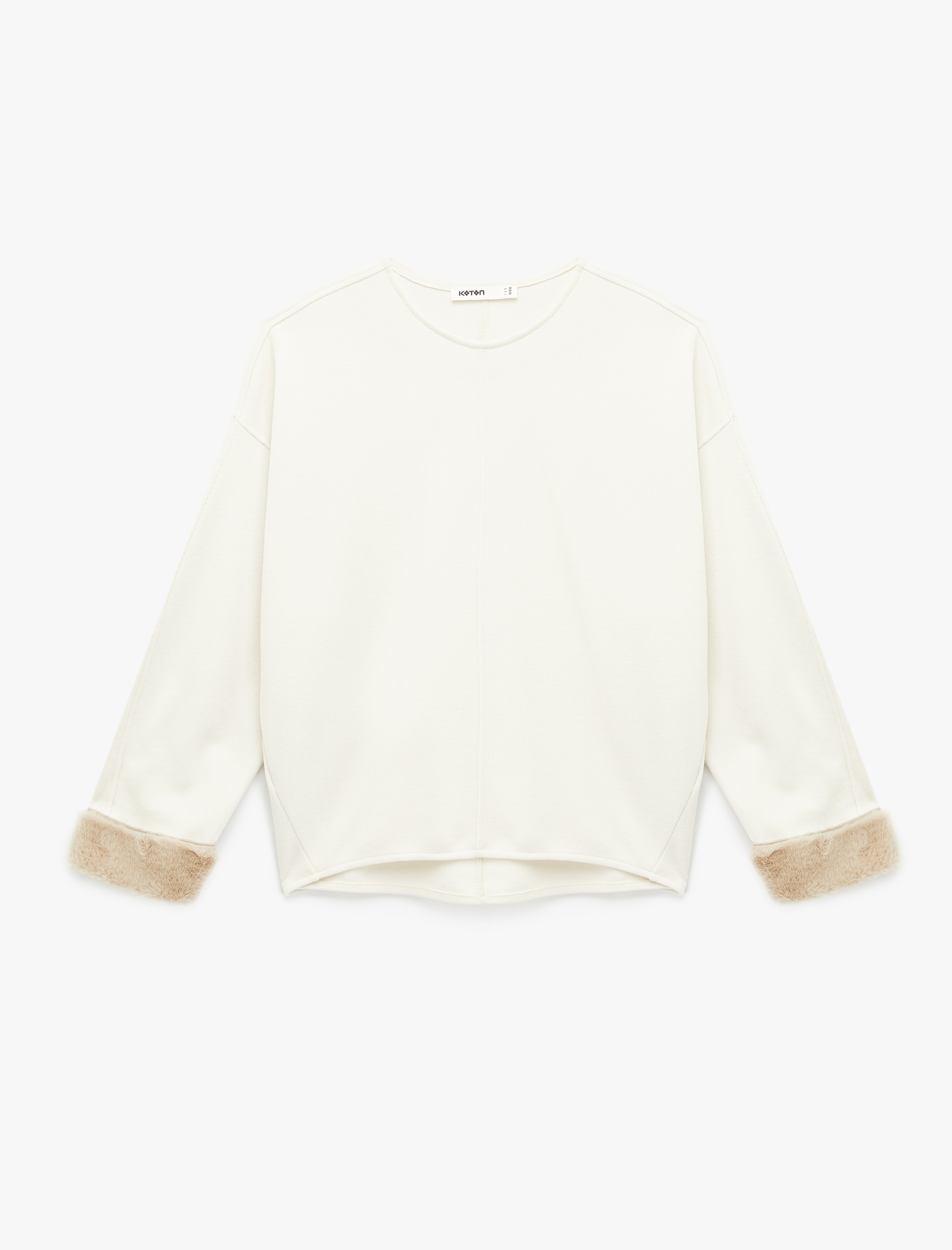   Uzun Kollu Manşetleri Suni Kürk Detaylı Yuvarlak Yaka Sweatshirt