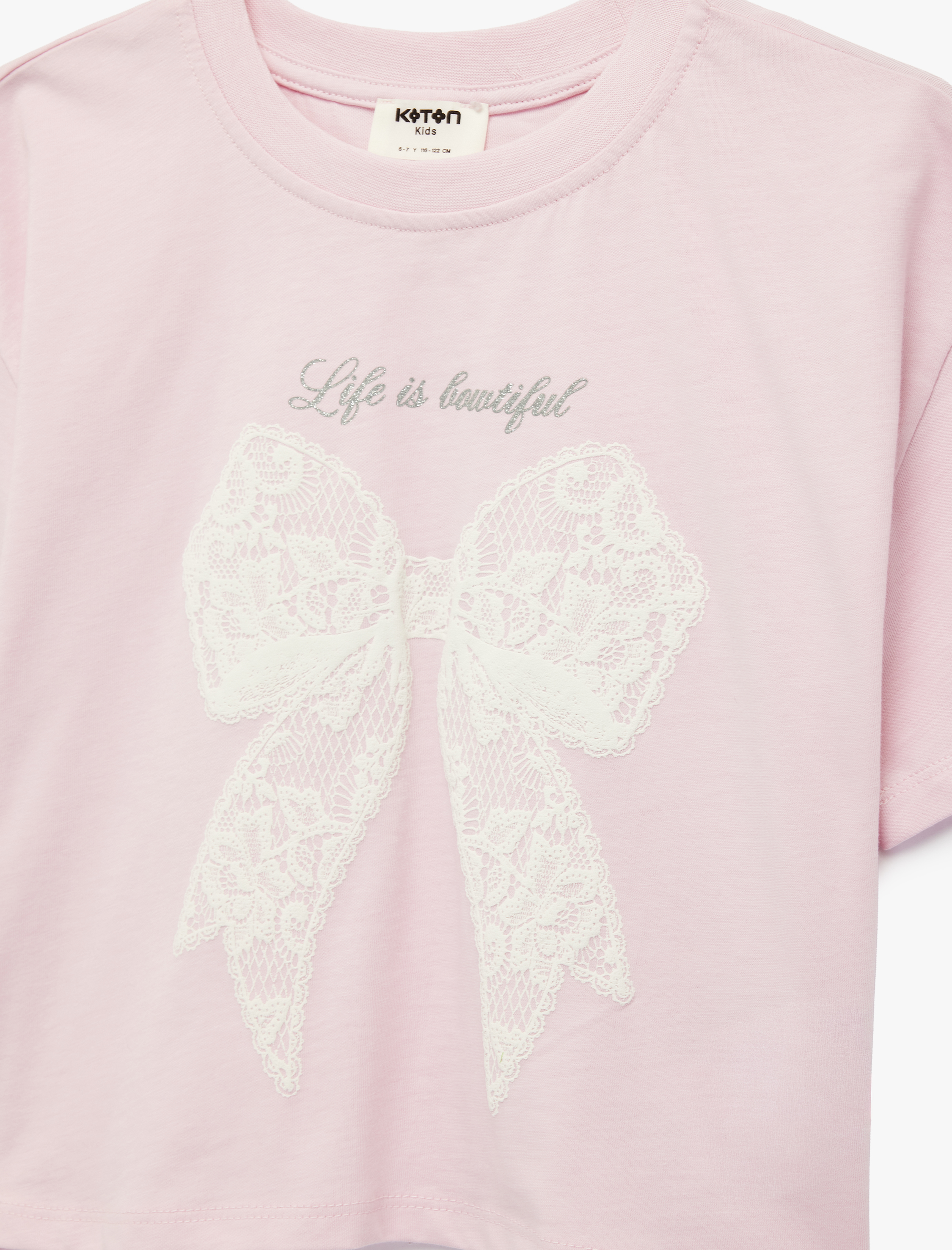  Kız Çocuk Fiyonk Baskılı Kısa Kollu Bisiklet Yaka Pamuklu Tişört