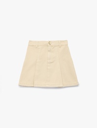 Düğmeli Fermuar Detaylı Pileli Pamuklu Mini Etek