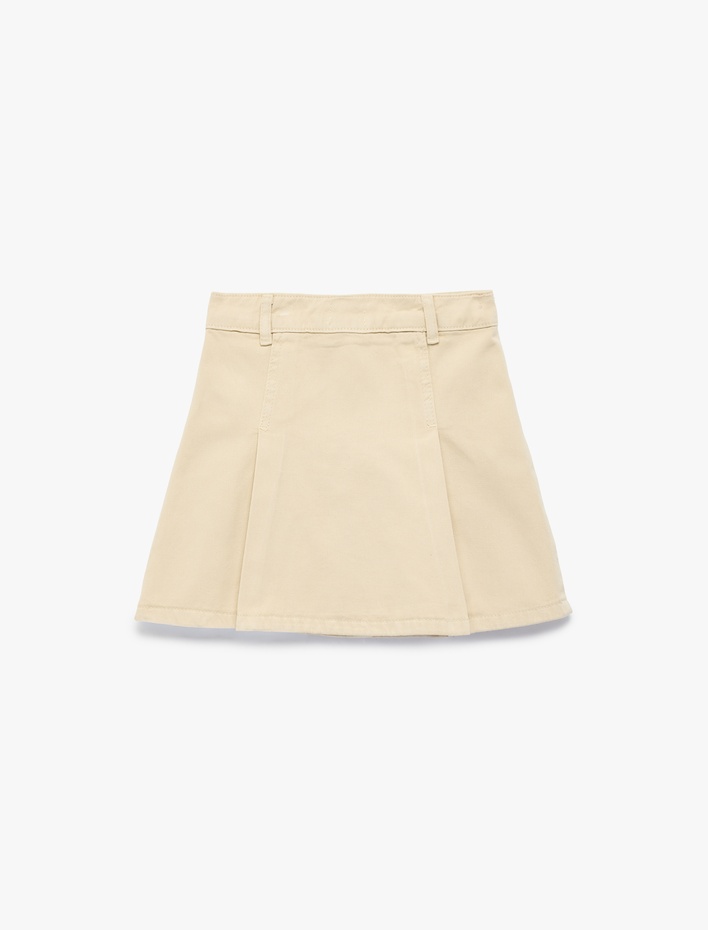 Kız Çocuk Düğmeli Fermuar Detaylı Pileli Pamuklu Mini Etek