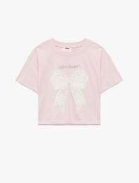 Fiyonk Baskılı Kısa Kollu Bisiklet Yaka Pamuklu Tişört