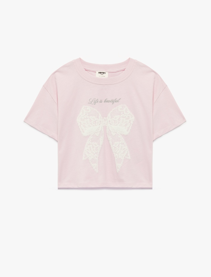 Kız Çocuk Fiyonk Baskılı Kısa Kollu Bisiklet Yaka Pamuklu Tişört