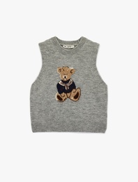 Bisiklet Yaka Ayıcık Desenli Kolsuz Süveter