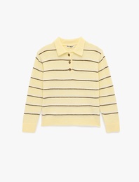 Düğmeli Polo Yaka Uzun Kollu Çizgili Kazak