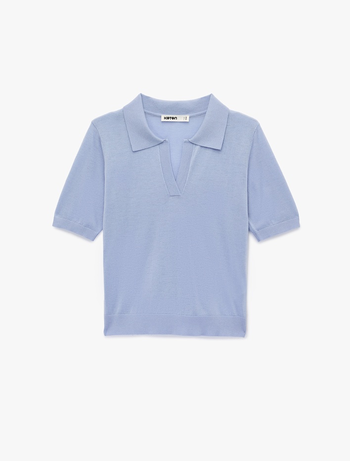  Koyun Yünü Karışımlı Yarım Düğmeli Kısa Kollu Polo Yaka Triko Kazak