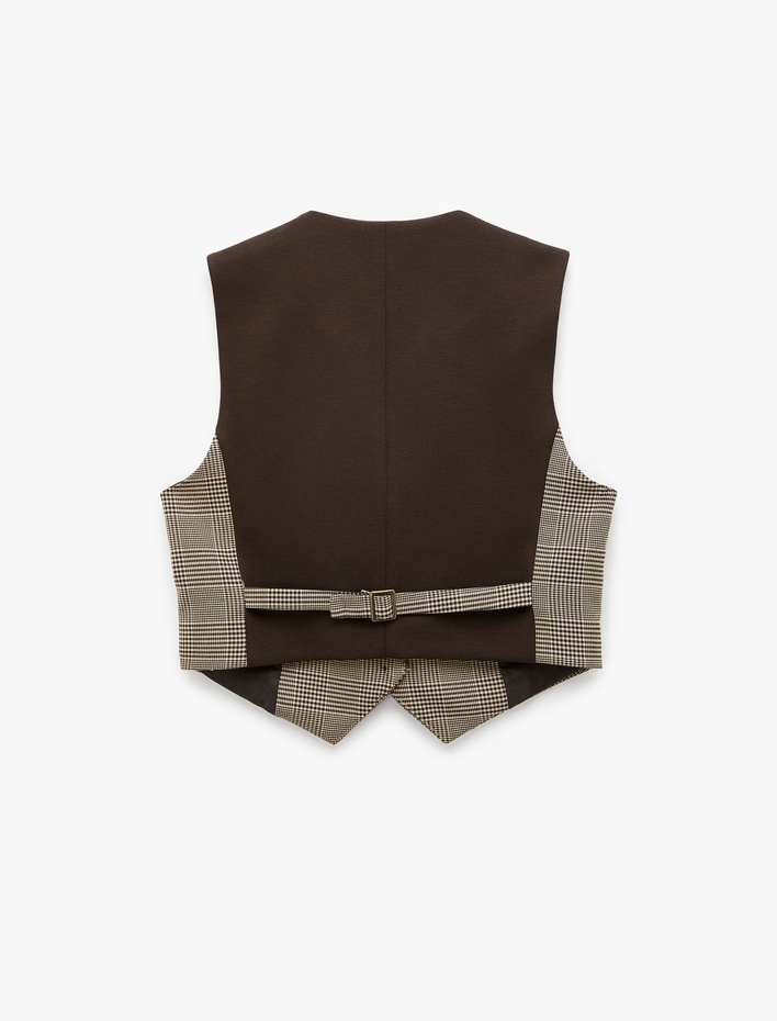  Kruvaze Düğmeli Ekose Crop Blazer Yelek