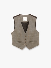 Kruvaze Düğmeli Ekose Crop Blazer Yelek