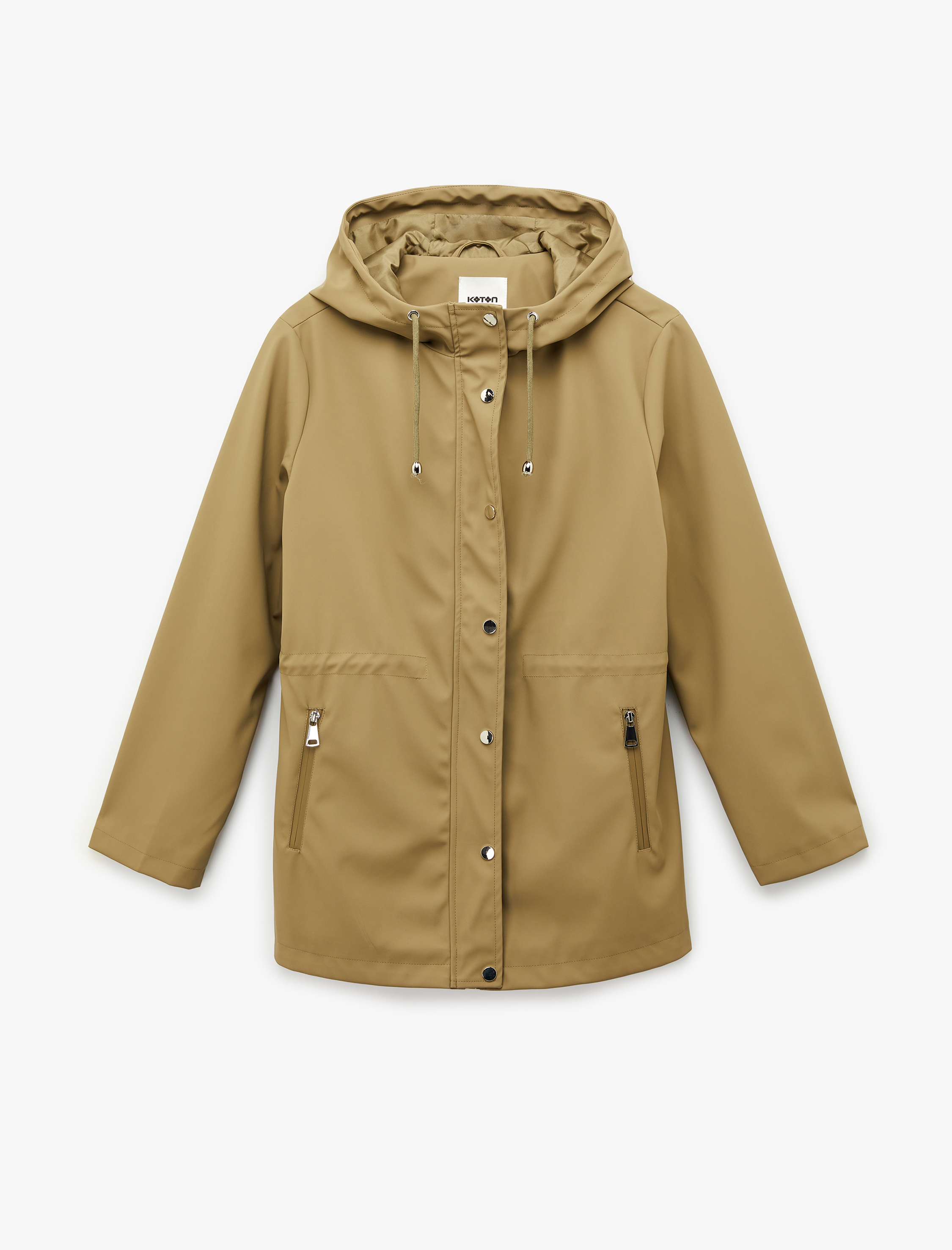   Uzun Kollu Cepli Fermuarlı Düğme Detaylı Kapüşonlu Yağmurluk