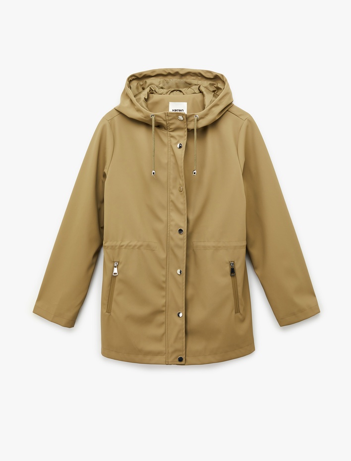  Uzun Kollu Cepli Fermuarlı Düğme Detaylı Kapüşonlu Yağmurluk