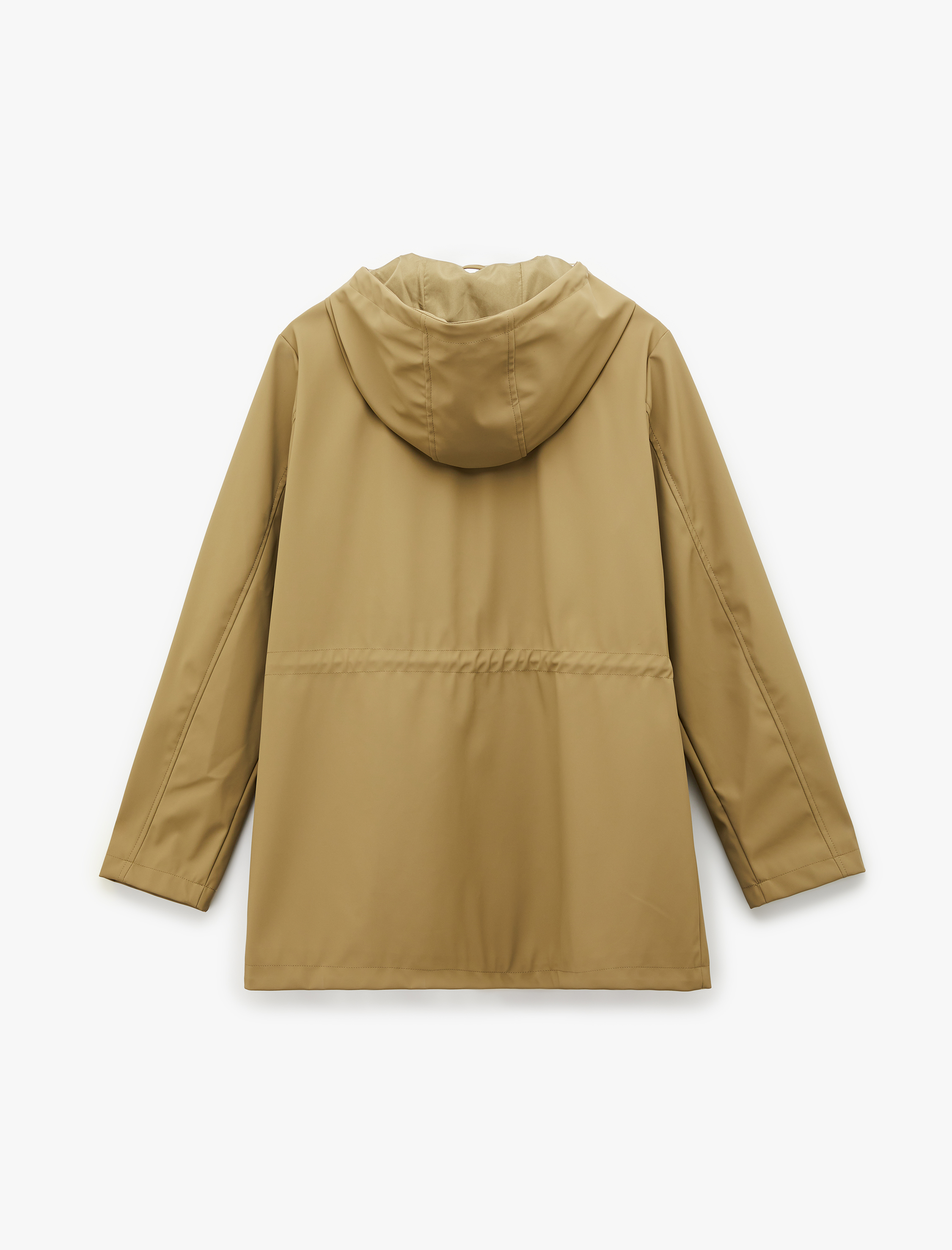   Uzun Kollu Cepli Fermuarlı Düğme Detaylı Kapüşonlu Yağmurluk