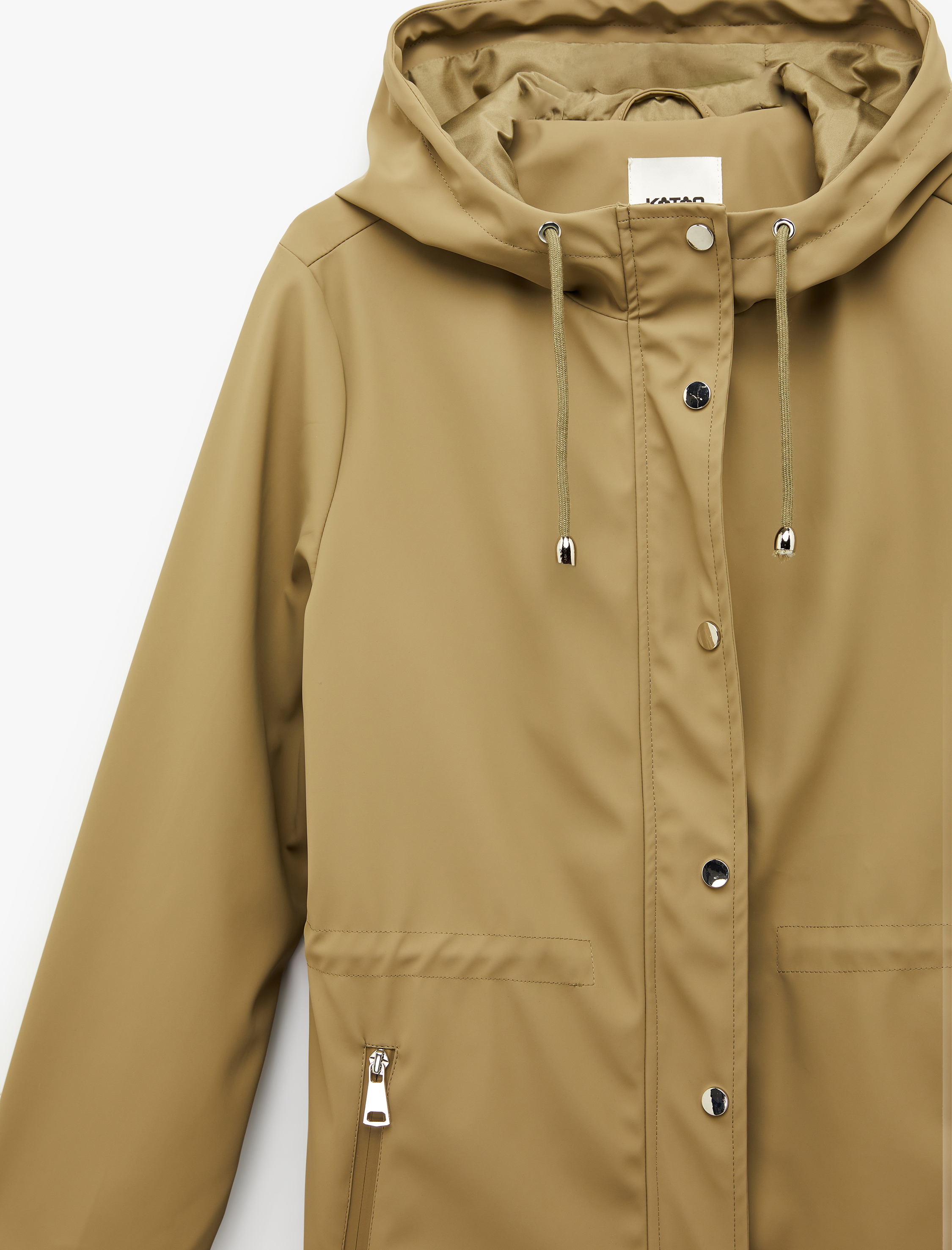   Uzun Kollu Cepli Fermuarlı Düğme Detaylı Kapüşonlu Yağmurluk