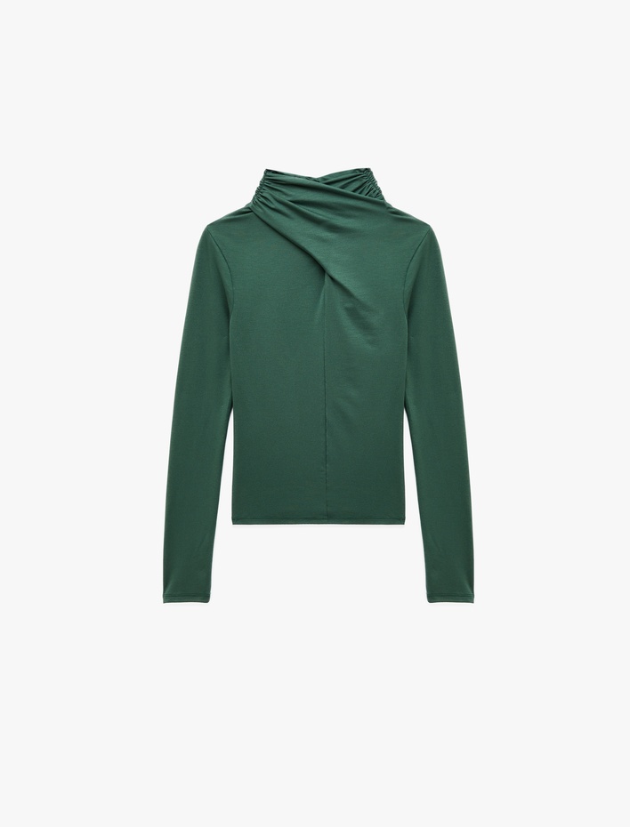  Uzun Kollu Slim Fit Drapeli Dik Yaka Tişört