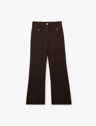 Aplike Cep Detaylı Yüksek Bel Geniş Paça Pantolon