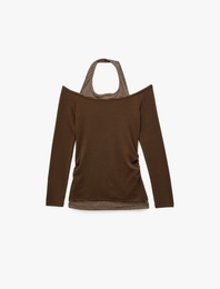 Viskon Karışımlı Slim Fit Uzun Kollu Halter Yaka Tişört