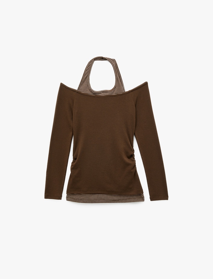  Viskon Karışımlı Slim Fit Uzun Kollu Halter Yaka Tişört