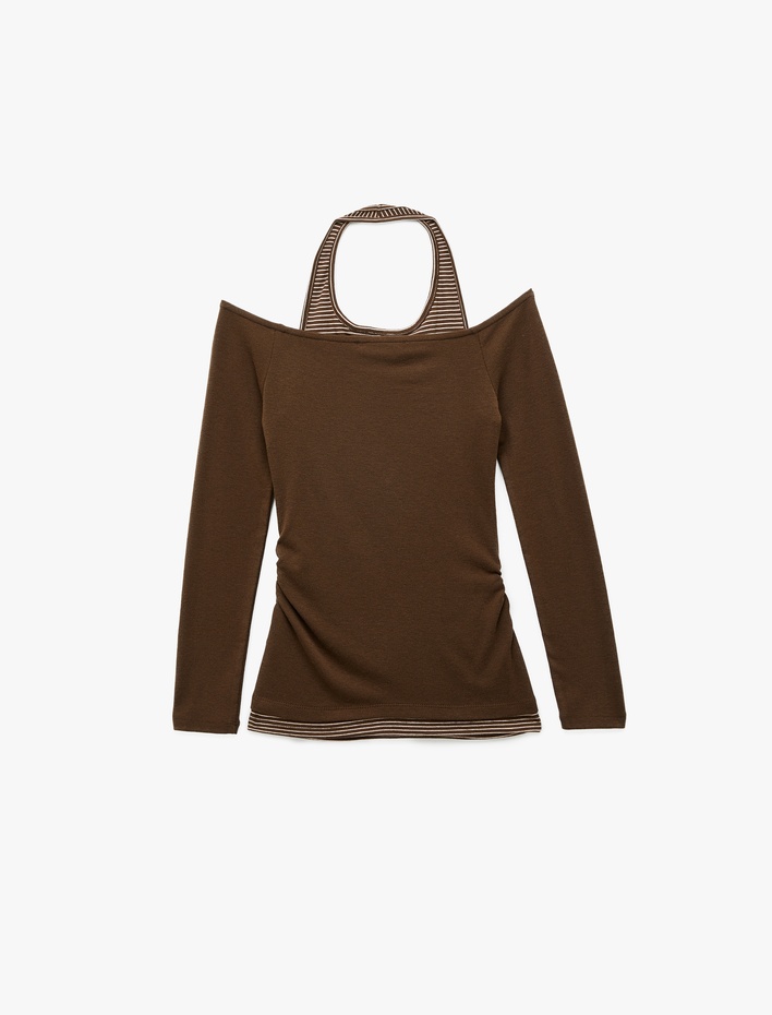  Viskon Karışımlı Slim Fit Uzun Kollu Halter Yaka Tişört