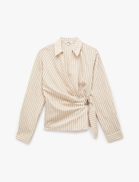 Uzun Kollu Aksesuarlı Yandan Bağlama Detaylı Kruvaze Çizgili Gömlek