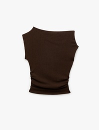 Slim Fit Asimetrik Yaka Drapeli Kolsuz Tişört