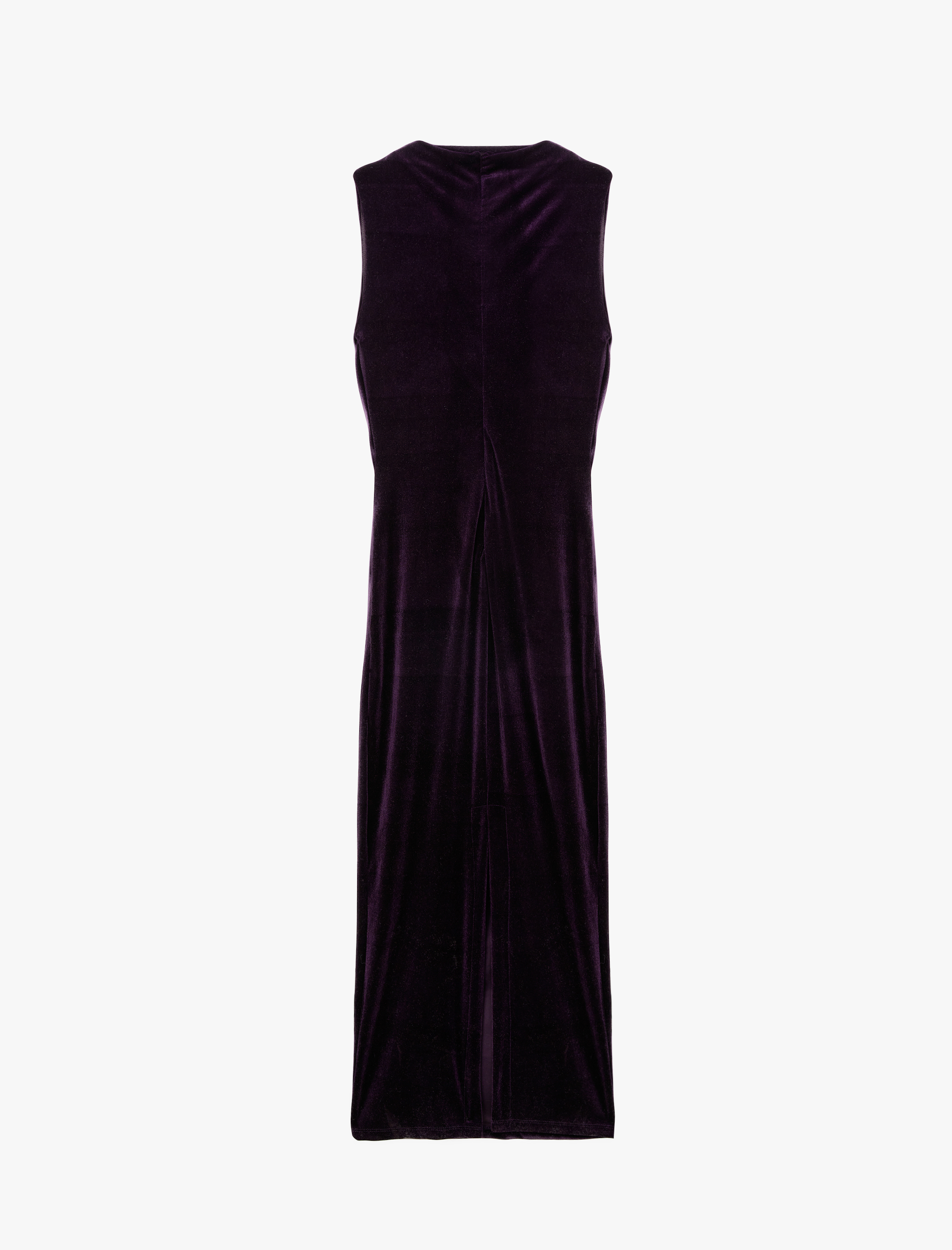   Dik Yaka Slim Fit Kolsuz Drapeli Yırtmaç Detaylı Uzun Bodycon Kadife Elbise