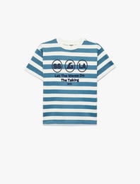 Pamuklu Baskılı Kısa Kollu Bisiklet Yaka Oversize Çizgili Tişört