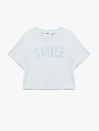 Kısa Kollu Bisiklet Yaka Aplike Detaylı Pamuklu Tişört