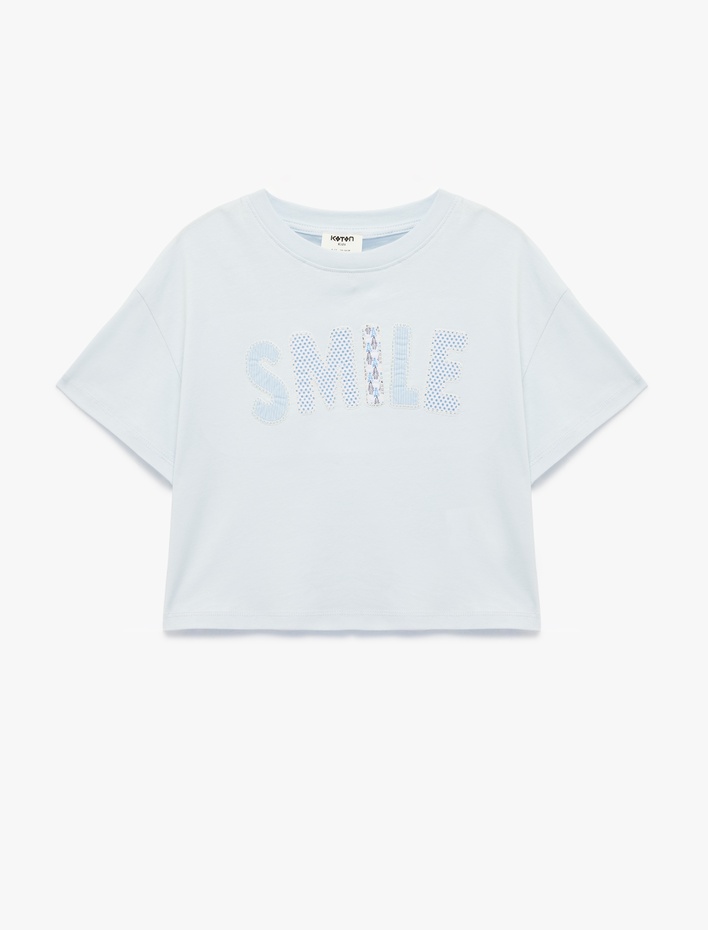 Kız Çocuk Kısa Kollu Bisiklet Yaka Aplike Detaylı Pamuklu Tişört