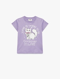 Kedi Baskılı Kısa Kollu Bisiklet Yaka Pamuklu Tişört