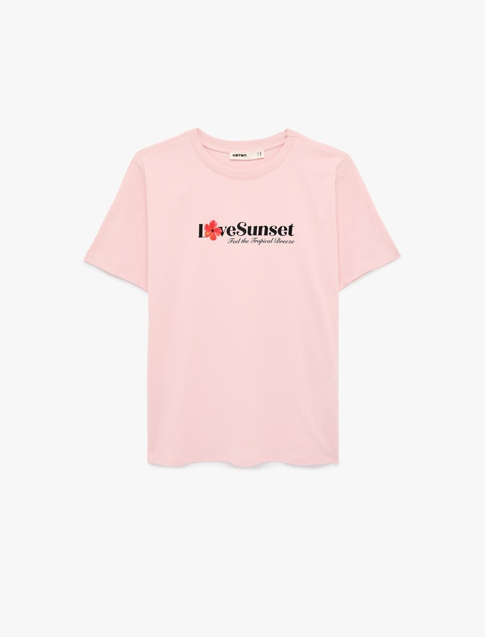  Pamuklu Kısa Kollu Bisiklet Yaka Çiçek Baskılı Tişört