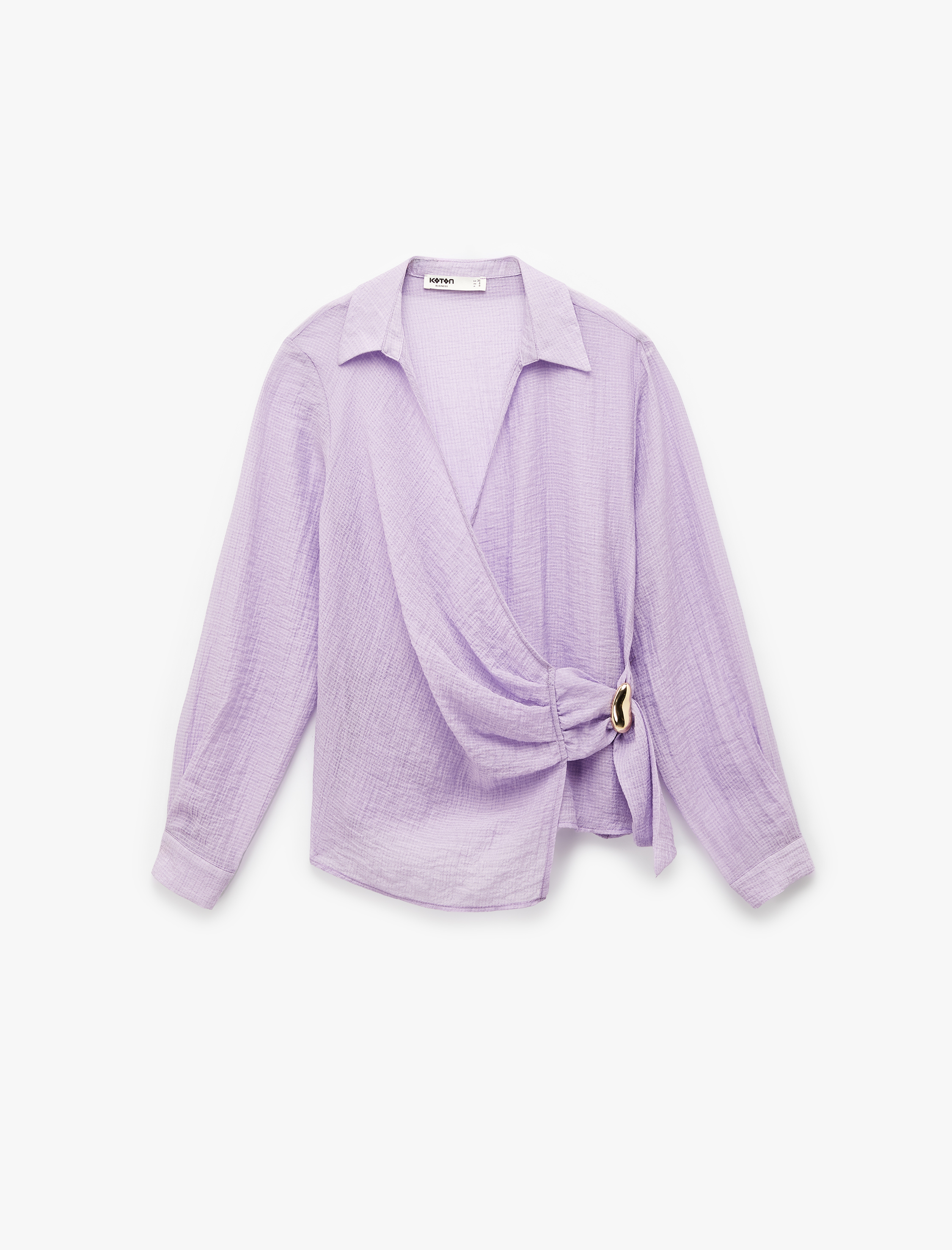   Metal Aksesuarlı Viskon Karışımlı Uzun Kollu Kruvaze Yaka Bluz