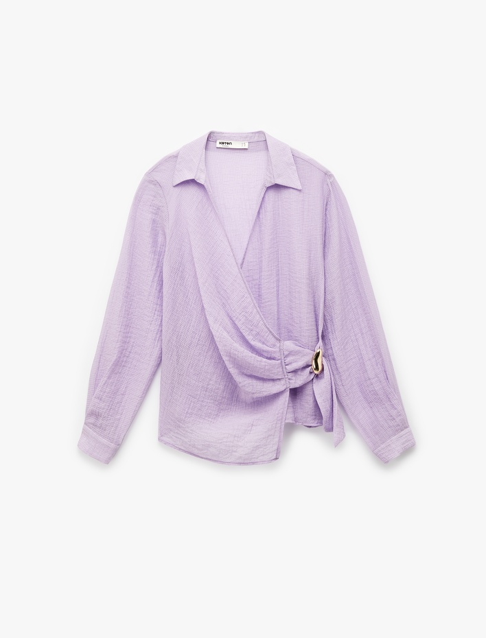  Metal Aksesuarlı Viskon Karışımlı Uzun Kollu Kruvaze Yaka Bluz