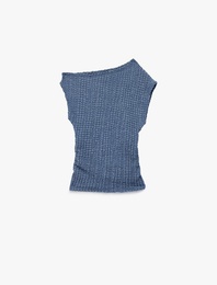 Asimetrik Yaka Kolsuz Viskon Karışımlı Dokulu Crop Bluz