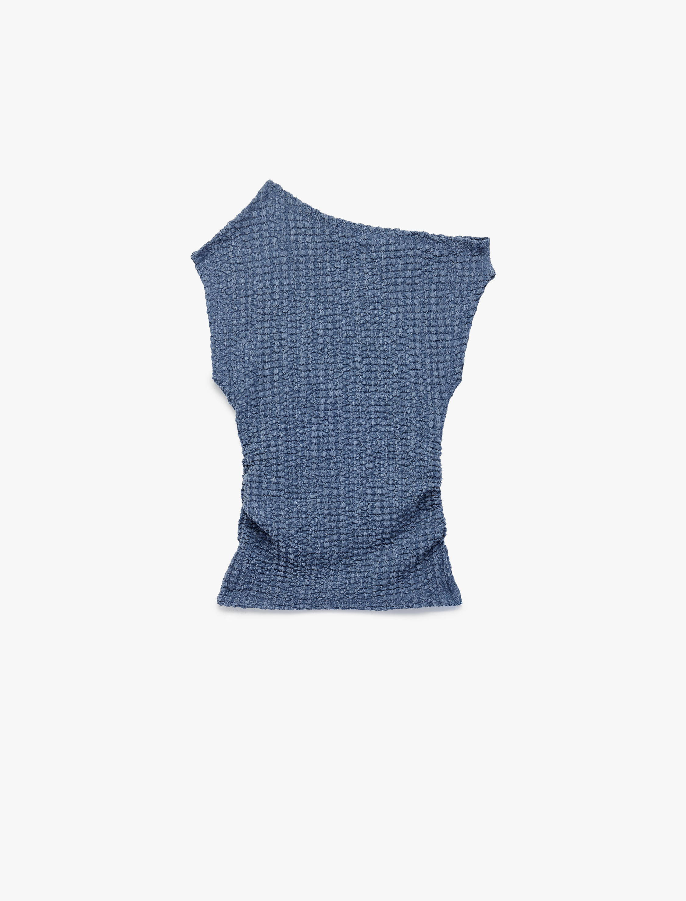  Kız Çocuk Asimetrik Yaka Kolsuz Viskon Karışımlı Dokulu Crop Bluz