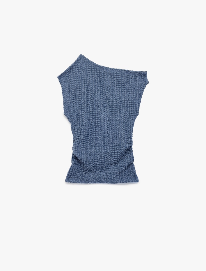 Kız Çocuk Asimetrik Yaka Kolsuz Viskon Karışımlı Dokulu Crop Bluz