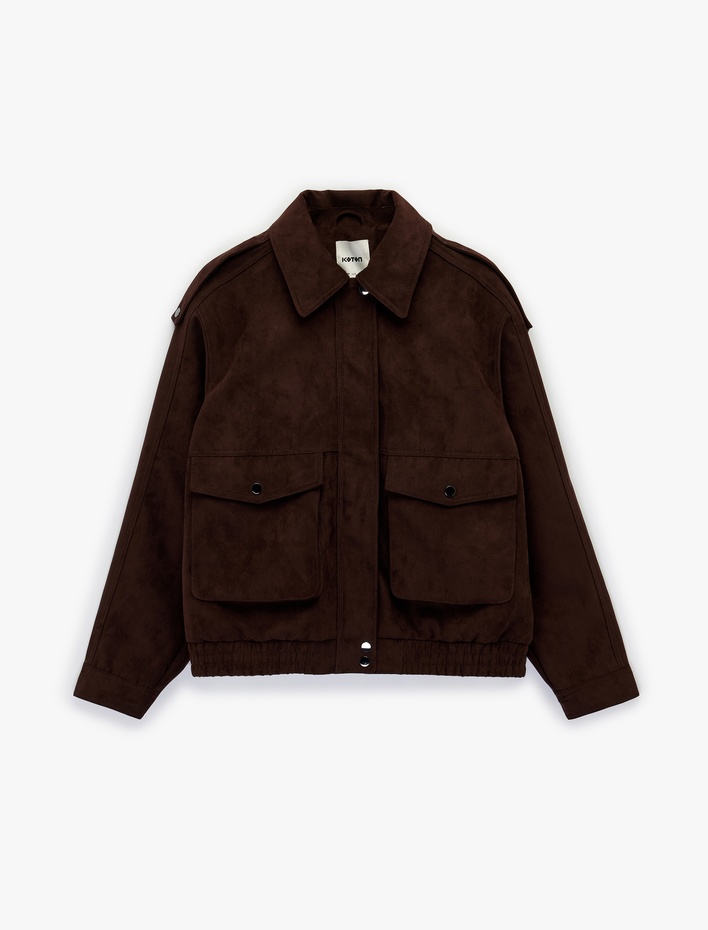  Uzun Kollu Cep Detaylı Fermuarlı Suni Süet Bomber Ceket