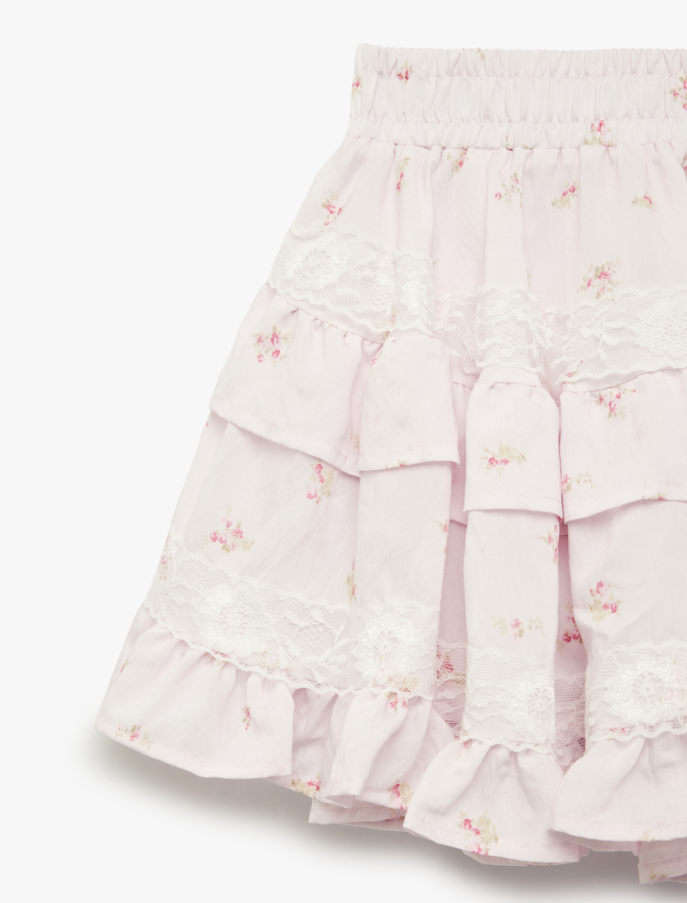  Kız Çocuk Beli Lastikli Dantel Detaylı Kat Kat Fırfırlı Viskon Çiçekli Etek