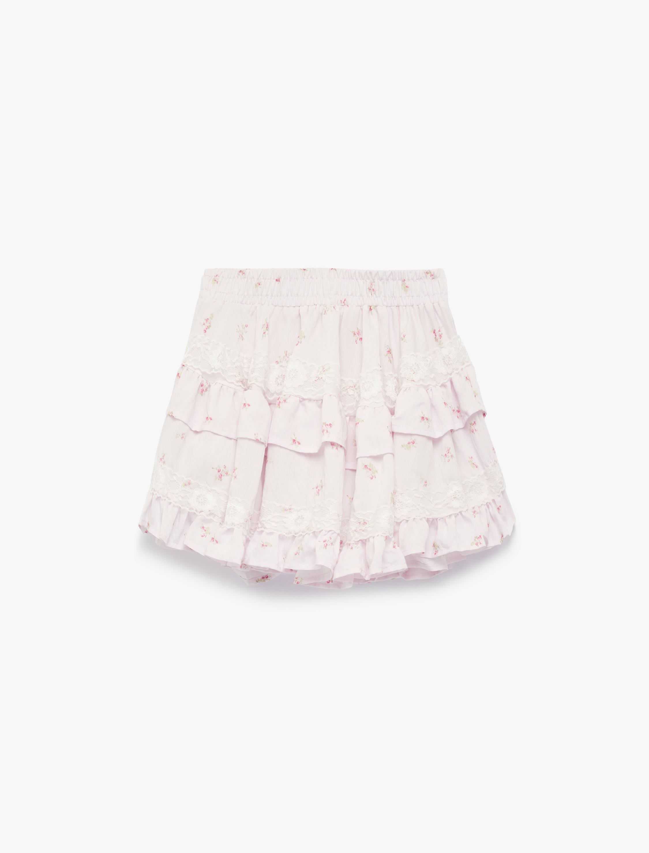  Kız Çocuk Beli Lastikli Dantel Detaylı Kat Kat Fırfırlı Viskon Çiçekli Etek