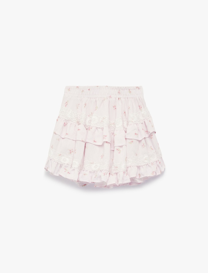 Kız Çocuk Beli Lastikli Dantel Detaylı Kat Kat Fırfırlı Viskon Çiçekli Etek