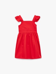 Pamuklu Kare Yaka Fırfırlı Askılı Kuşaklı Elbise