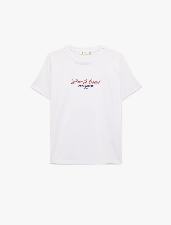  Pamuklu Kısa Kollu Bisiklet Yaka Baskılı Tişört