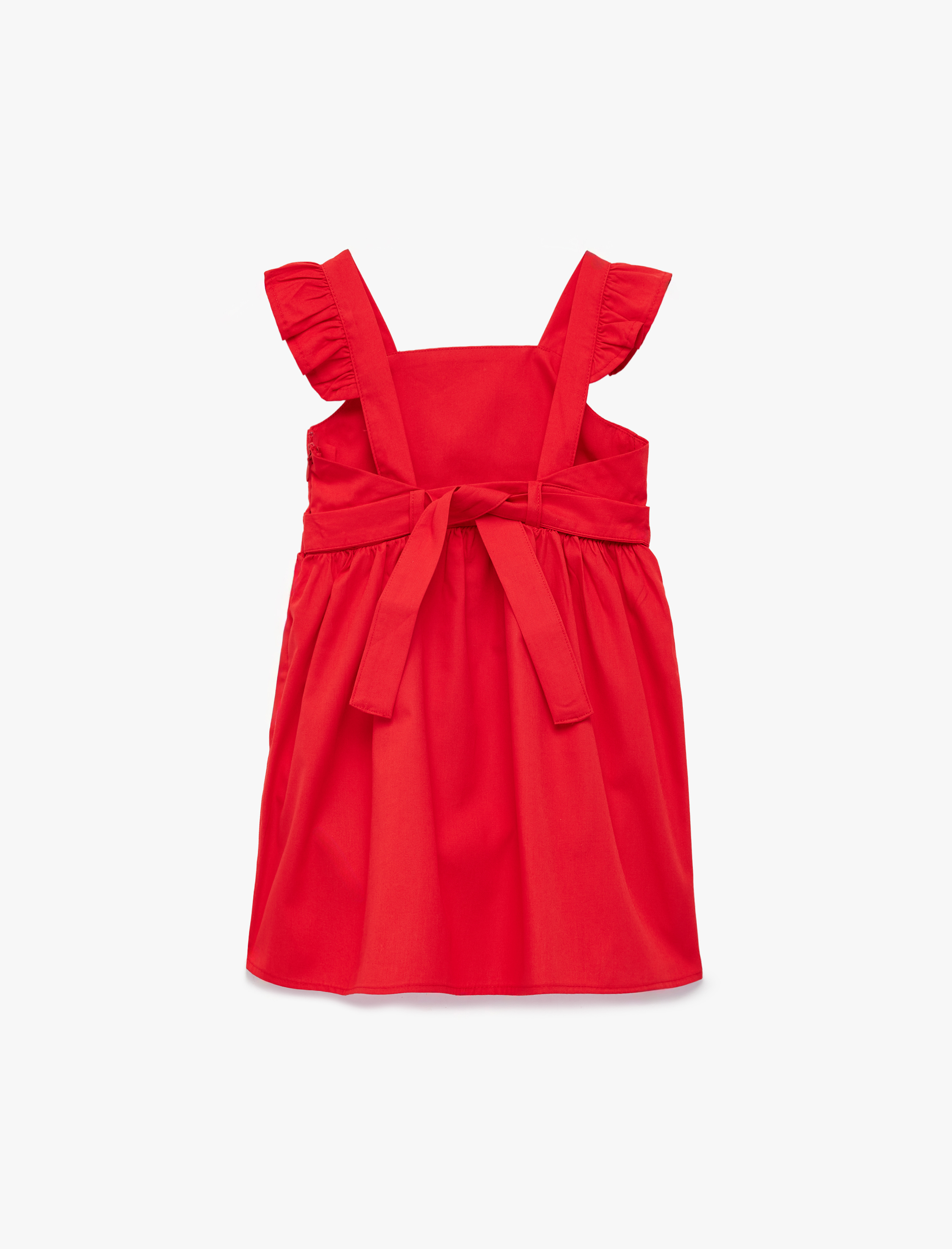  Kız Bebek Pamuklu Kare Yaka Fırfırlı Askılı Kuşaklı Elbise