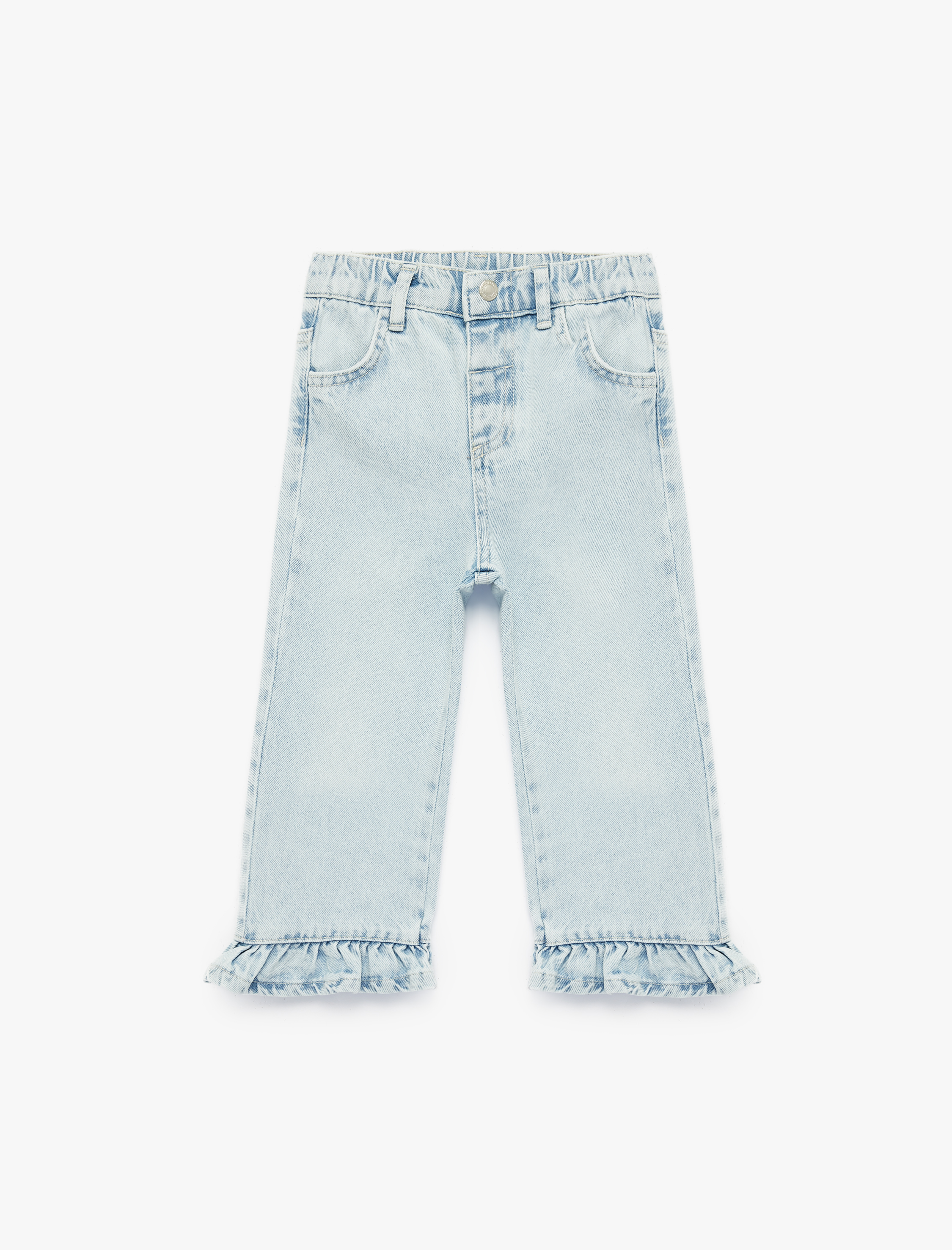  Kız Bebek Pamuklu Cepli Fırfırlı Paça Geniş Paça Denim Pantolon