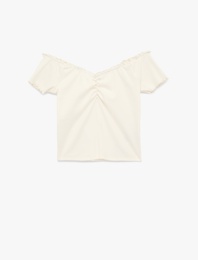 Slim Fit Büzgülü Kayık V Yaka Kısa Kollu Tişört